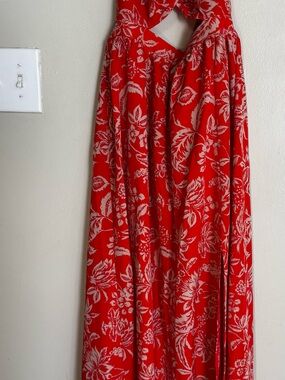 Women's L Orange/White Floral Halter V-Neck Cut Out Maxi Dress Tie Closure